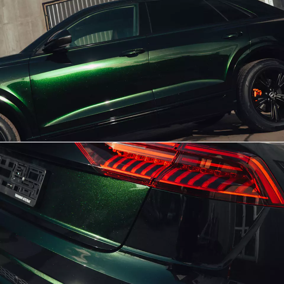 Месяц работы над новым Audi Q8, который 2 года простоял в Дубае! Оклейка в цветной полиуретан с проемами, окрас дисков и фирменный шиномонтаж, окрас суппортов в candy с лого, антихром, детейлинг